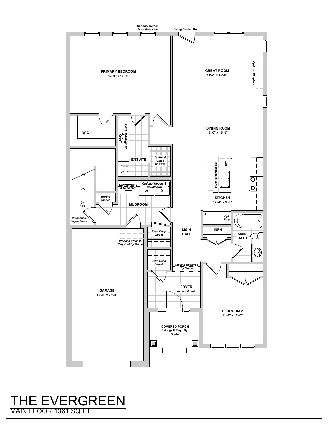 Evergreen bungalow main floor plan, 2 bed 2 bath
